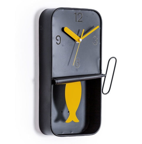 Black metal sardine tin pendulum wall clock