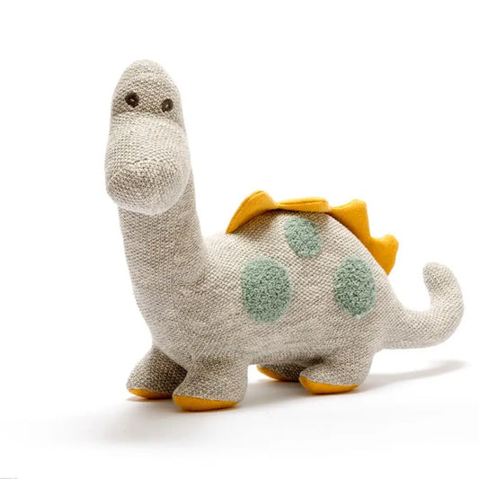 Knitted diplodocus dinosaur toy